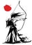 A samurai in the wind with a long bow pulling an arrow, on a white background with a red sun. Drawn in ink