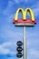 Samut Prakan, THAILAND-September 13, 2019 : McDonalds logo and drive thru sign with phone number for delivery and blue sky in fro