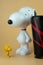 Samut Prakan, Thailand - September 21, 2020 : Set of popcorn bucket and drink cup of cartoon Snoopy and Woodstock toy from Major