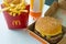 SAN ANTONIO, TX, USA - NOVEMBER 2, 2018 - McDonald`s Double Quarter Pounder burger with cheese, french fries potatoes and drink