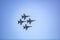 SAN DIEGO, CALIFORNIA- September 29, 2019: The Blue Angels demonstration squadron flying a formation of four aircraft. The Blue