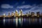 San Diego skyline reflecting in the ocean at dusk