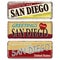 San Diego Vintage tin sign collection with USA city name. Retro souvenir sign or postcard templates on old metal