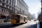 San Francisco, California, United States-circa 2015-Vintage Passenger Commuter Street Car Travels along Market Street in Downtown