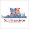 San Francisco city skyline detailed silhouette on USA flag. Vector illustration and quote.