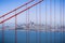 San Francisco`s skyline viewed through the suspension cables of Golden Gate Bridge, California