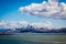 San francisco skyline with the bay in front and huge white clouds overhead