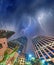 San Francisco skyscrapers on a stormy night, skyward view