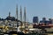 San Francisco, USA - August 13, 2018, view of the city of San Francisco from the pier through the masts of yachts, in the