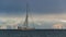 San Francisco, USA - August 26, 2018, a beautiful white yacht sails around San Francisco Bay in heavy fog and overcast weather.