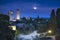 San Gimignano night, medieval town landmark in moon light, tower