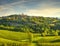 San Gimignano panoramic medieval town towers skyline and vineyards. Tuscany, Italy