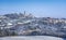 San Gimignano snowy town, towers skyline and vineyards. Tuscany, Italy