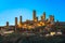 San Gimignano town skyline and medieval towers sunset. Tuscany,