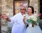 San Gimignano, Tuscany, Italy - 30th June 2016: A bride enjoys her ice cream at Sergio Dondoli\'s award winning