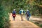 San Juan de Ortega, Spain - Three Pilgrims Hiking through a Forest along the Way of St James Camino de Santiago