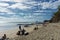 San Juan del Sur, Nicaragua, January 19, 2018: Playa Maderas, touristic surf spot in Nicaragua. Panoramic view with surfers around