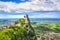 San Marino, medieval tower on a rocky cliff and panoramic view of Romagna