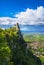 San Marino, medieval tower on a rocky cliff and panoramic view of Romagna