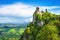 San Marino, medieval tower on a rocky cliff and panoramic view of Romagna
