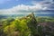 San Marino, medieval tower on a rocky cliff and panoramic view of Romagna