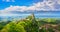 San Marino, medieval tower on a rocky cliff and panoramic view of Romagna