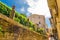 San Marino, September 18, 2018: Typical italian cobblestone street with traditional buildings