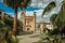 San Martin Church with Pizarro statue and palm trees at Trujillo