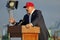 SAN PEDRO, CA - SEPTEMBER 15, 2015: Donald Trump, 2016 Republican presidential candidate, speaks during a rally aboard the Battles