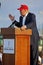 SAN PEDRO, CA - SEPTEMBER 15, 2015: Donald Trump, 2016 Republican presidential candidate, speaks during a rally aboard the Battles