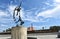 SAN PEDRO, CALIFORNIA - 06 MAR 2020: American Merchant Marine Veterans Memorial with statue depicitng sailors climbing a Jacobs