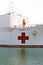 San Pedro/California - April 4, 2020: US Naval Hospital Ship docked in San Pedro, Ca in preparation of the Coronavirus Pandemic.