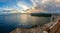 San Pedro de La Roca fort walls with towers, Caribbean sea sunset view, Santiago De Cuba, Cuba