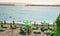 San Remo, Italy, September 18, 2018: The beach terrace of the beachclub Baya Greca in the Italian city San Remo