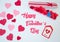 San ValentineÂ´s day decoration made withabox with heart jelly beans gummies and red and pink paper hearts. Lover gift