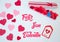 San ValentineÂ´s day decoration made withabox with heart jelly beans gummies and red and pink paper hearts. Lover gift