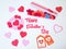 San ValentineÂ´s day decoration made withabox with heart jelly beans gummies and red and pink paper hearts. Lover gift