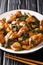 Sanbeiji is a popular chicken dish in Chinese cuisine closeup on the plate. Vertical