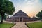 Sanchi Stupa, Madhya Pradesh, India. Ancient buddhist building, religion mystery, carved stone. Sunrise sky.