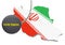 Sanctions against Iran, map of Iran. 3d illustration. Flying steel ball on chain Isolated on white background.