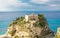 Sanctuary church Santa Maria dell Isola on top rock, Tropea, Italy