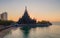 Sanctuary of Truth, Pattaya, Thailand, wooden temple by the ocean at sunset on the beach of Pattaya