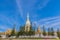 sanctuary at Wat Phra Maha Chedi Chai Mongkol ,Roi Et province, Thailand with the beautiful sky and cloud.The public properties.