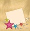 Sand background with paper card, starfishes, pebbl