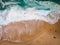 Sand beach aerial, top view of a beautiful sandy beach aerial shot with the blue waves rolling into the shore