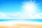 Sand beach over blur sea and sky with sun light flare and copyspace abstract background vector illustration