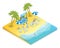 Sand beach recreation isometric vector illustration. Male and female tourists with kids and bartender 3D cartoon