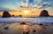 Sand beach among rocks on evening sunset