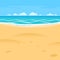 Sand beach simple cartoon style background. Sea shore view
