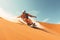 Sand boarding, desert safari. Sandboard. Sandboarding, Guy in dunes with energy, freedom and adrenaline. Orange sand and blue sky